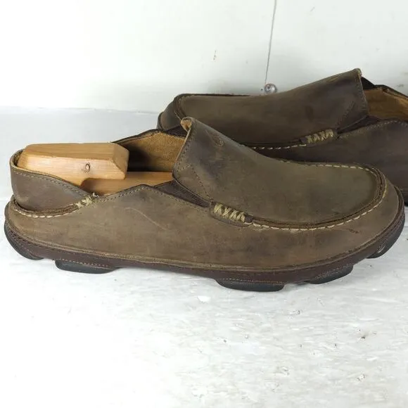 OluKai Men's Moloa US 8,5 Brown Leather Flats Loafer Slippers Shoes