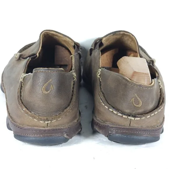 OluKai Men's Moloa US 8,5 Brown Leather Flats Loafer Slippers Shoes