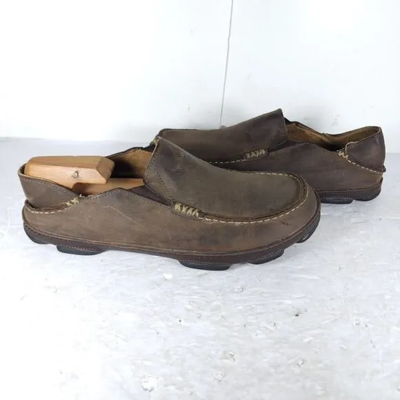 OluKai Men's Moloa US 8,5 Brown Leather Flats Loafer Slippers Shoes