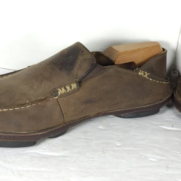 OluKai Men's Moloa US 8,5 Brown Leather Flats Loafer Slippers Shoes