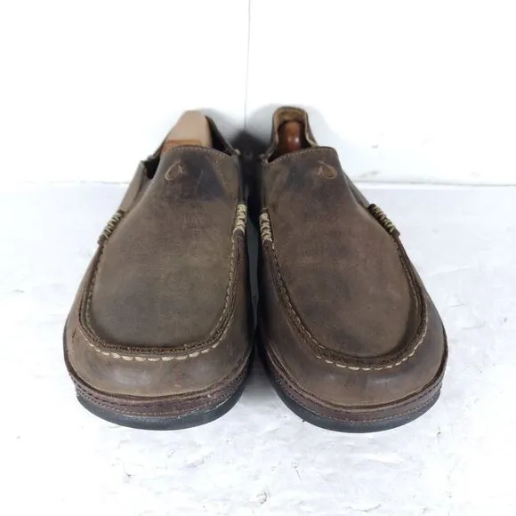 OluKai Men's Moloa US 8,5 Brown Leather Flats Loafer Slippers Shoes