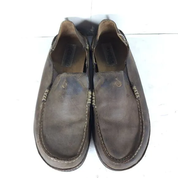 OluKai Men's Moloa US 8,5 Brown Leather Flats Loafer Slippers Shoes