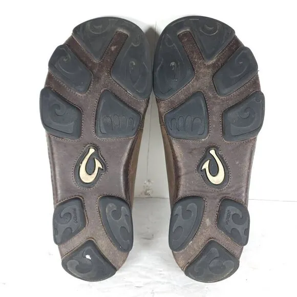 OluKai Men's Moloa US 8,5 Brown Leather Flats Loafer Slippers Shoes
