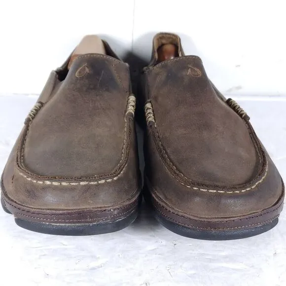 OluKai Men's Moloa US 8,5 Brown Leather Flats Loafer Slippers Shoes