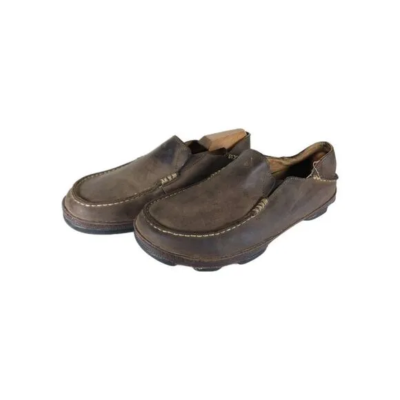 OluKai Men's Moloa US 8,5 Brown Leather Flats Loafer Slippers Shoes