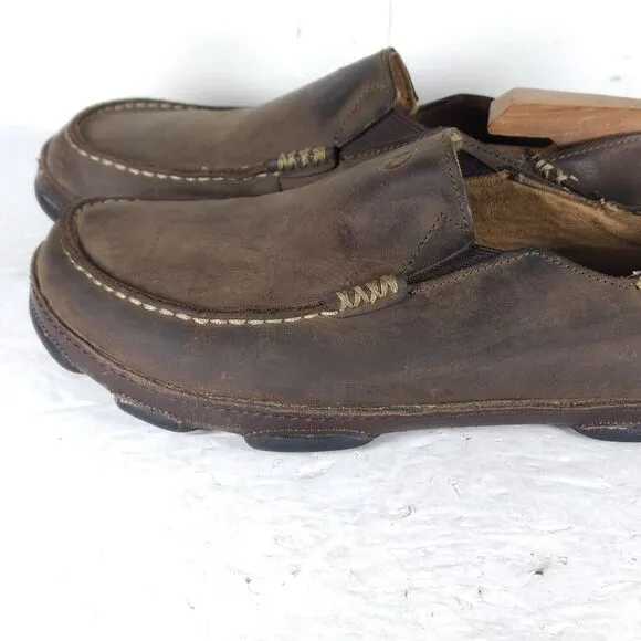OluKai Men's Moloa US 8,5 Brown Leather Flats Loafer Slippers Shoes