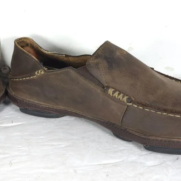 OluKai Men's Moloa US 8,5 Brown Leather Flats Loafer Slippers Shoes
