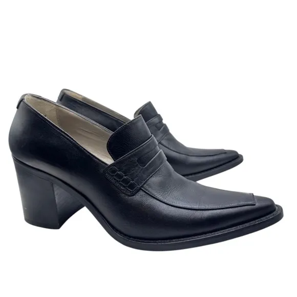 Omari Italy Black Leather Heels Pointed Toe Block Heel Size 38 7-7.5 US woman