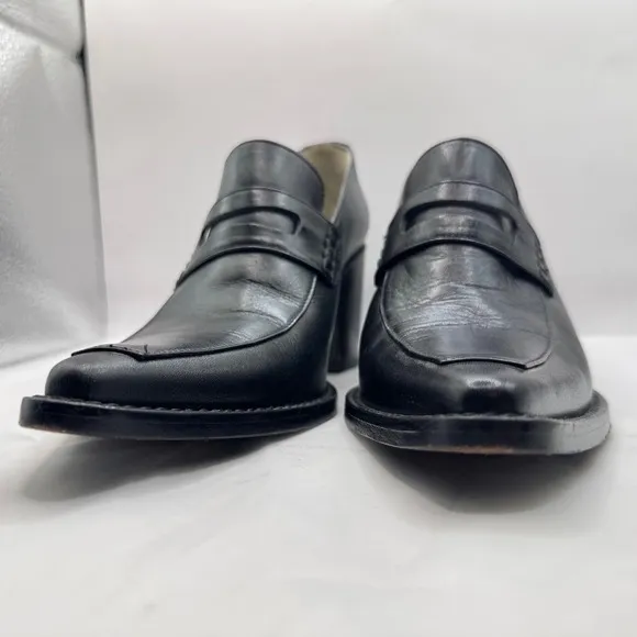Omari Italy Black Leather Heels Pointed Toe Block Heel Size 38 7-7.5 US woman