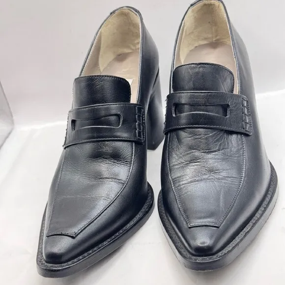 Omari Italy Black Leather Heels Pointed Toe Block Heel Size 38 7-7.5 US woman