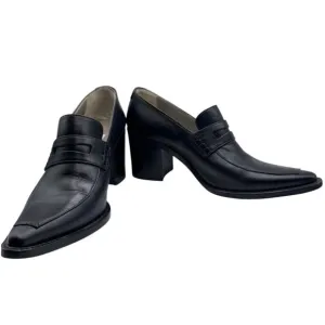 Omari Italy Black Leather Heels Pointed Toe Block Heel Size 38 7-7.5 US woman