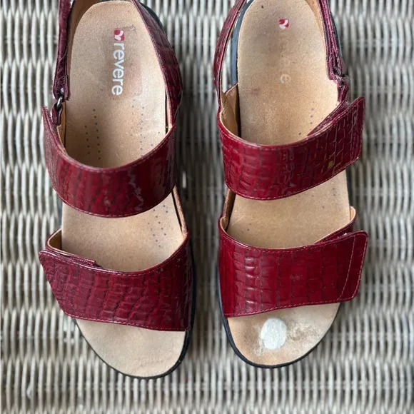 On hold Revere Red Croc Leather Sandals with Textured Straps