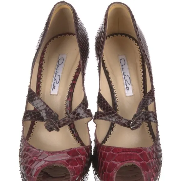 Oscar de la Renta Red and Brown Heels with Exotic Texture