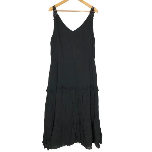 Paige Riviera Dress Sleeveless V-Neck Floral Lace Straps Tiered Midi Black XL