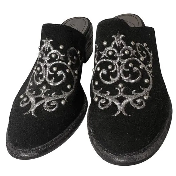 Patricia Nash Black Suede Leather Western Embroidered Beaded Mule Shoes Sz. 6 M