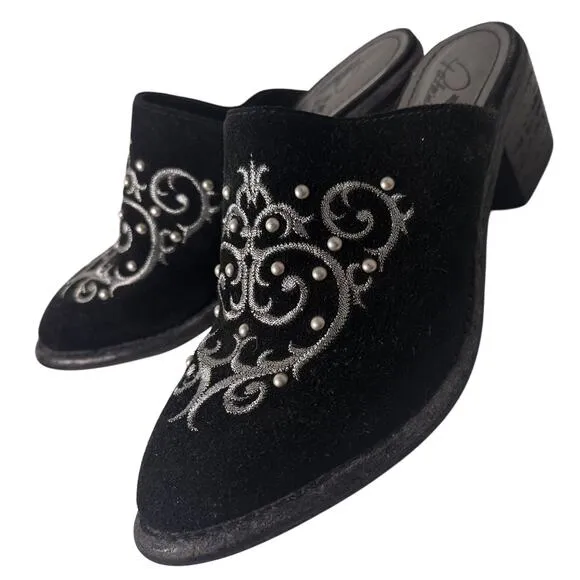 Patricia Nash Black Suede Leather Western Embroidered Beaded Mule Shoes Sz. 6 M