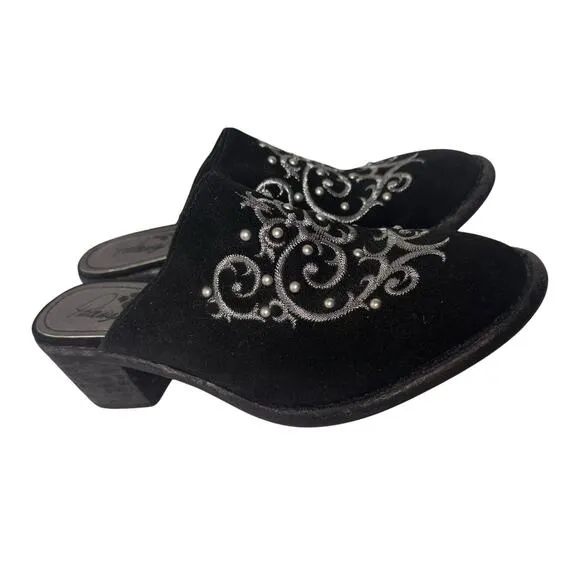 Patricia Nash Black Suede Leather Western Embroidered Beaded Mule Shoes Sz. 6 M