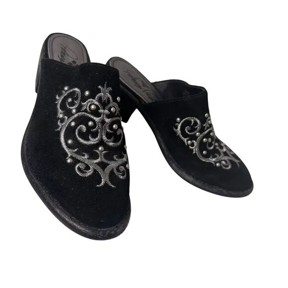 Patricia Nash Black Suede Leather Western Embroidered Beaded Mule Shoes Sz. 6 M
