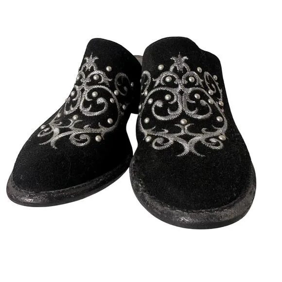 Patricia Nash Black Suede Leather Western Embroidered Beaded Mule Shoes Sz. 6 M