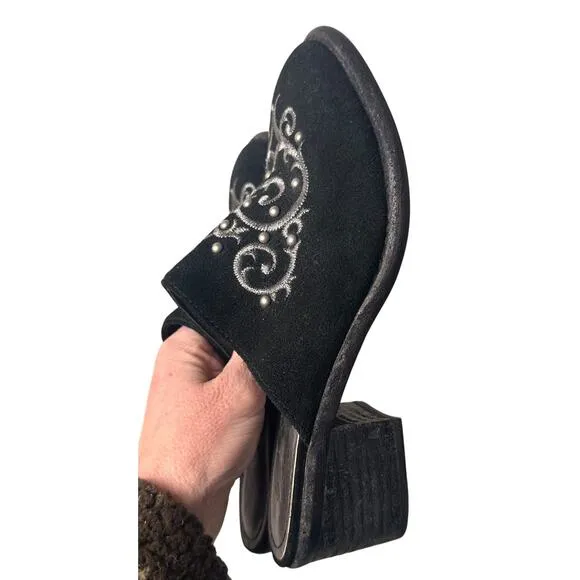 Patricia Nash Black Suede Leather Western Embroidered Beaded Mule Shoes Sz. 6 M