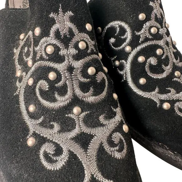 Patricia Nash Black Suede Leather Western Embroidered Beaded Mule Shoes Sz. 6 M