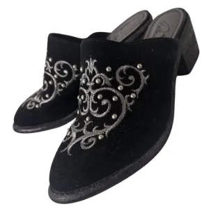 Patricia Nash Black Suede Leather Western Embroidered Beaded Mule Shoes Sz. 6 M