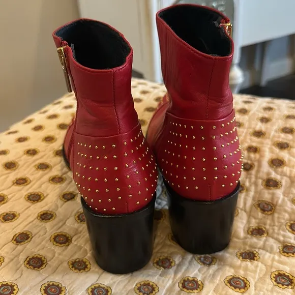 Pedro Anton Red Leather Studded Ankle Boots Size 10.5 Made in Spain