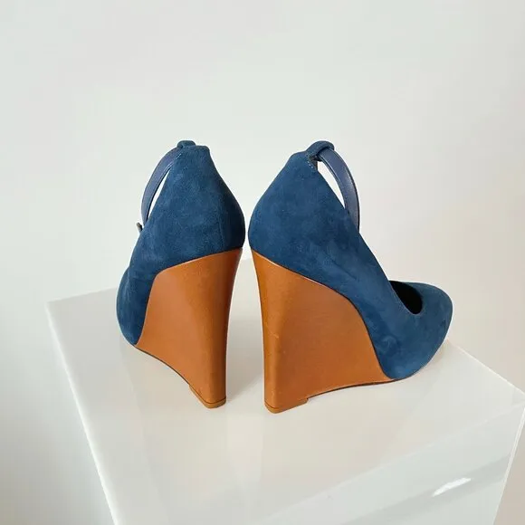 Phoebe Philo Celine Pre-Fall 2010 Color Pop Blue Wedges w/ Tan Leather Heel!