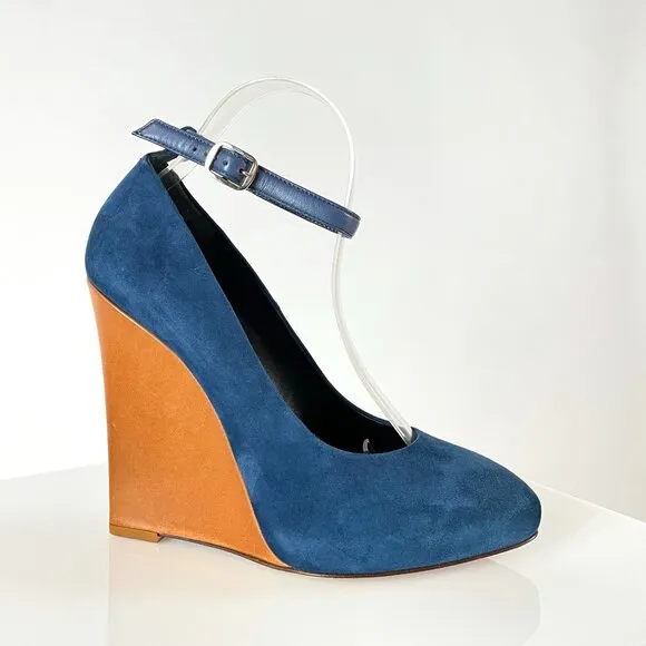 Phoebe Philo Celine Pre-Fall 2010 Color Pop Blue Wedges w/ Tan Leather Heel!