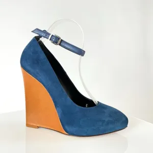 Phoebe Philo Celine Pre-Fall 2010 Color Pop Blue Wedges w/ Tan Leather Heel!
