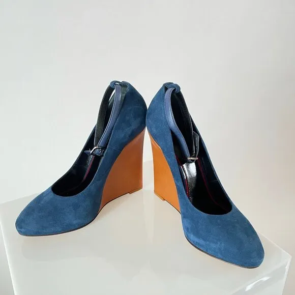 Phoebe Philo Celine Pre-Fall 2010 Color Pop Blue Wedges w/ Tan Leather Heel!