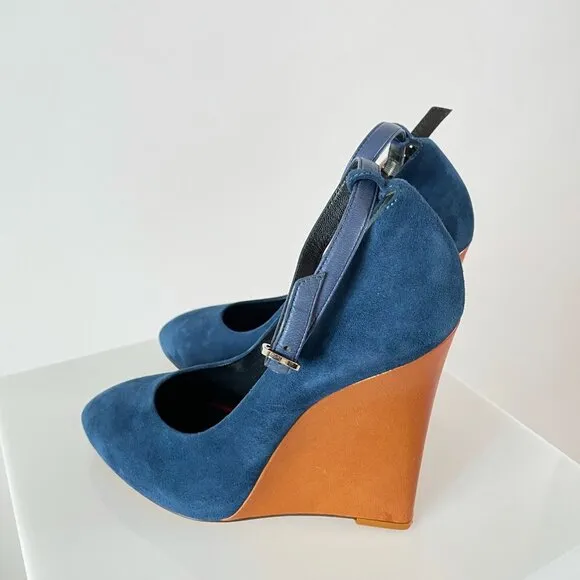 Phoebe Philo Celine Pre-Fall 2010 Color Pop Blue Wedges w/ Tan Leather Heel!