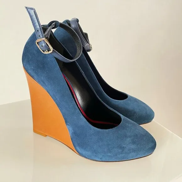 Phoebe Philo Celine Pre-Fall 2010 Color Pop Blue Wedges w/ Tan Leather Heel!