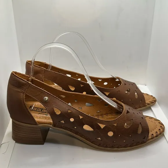 PIKOLINOS Brown Leather Sandals with Intricate Cut-Out Design