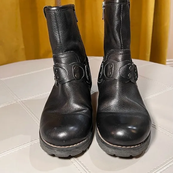 Pikolinos Leather Moto Boots Chain Accent Buckle‎ Detail Black Ankle Boots