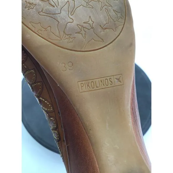 Pikolinos Shoes Womens Sz 6 Leather Mules Slides Heal Brown Embossed Flowers