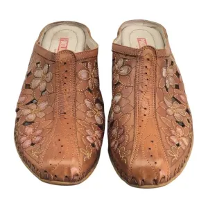 Pikolinos Shoes Womens Sz 6 Leather Mules Slides Heal Brown Embossed Flowers