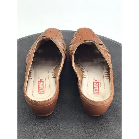 Pikolinos Shoes Womens Sz 6 Leather Mules Slides Heal Brown Embossed Flowers