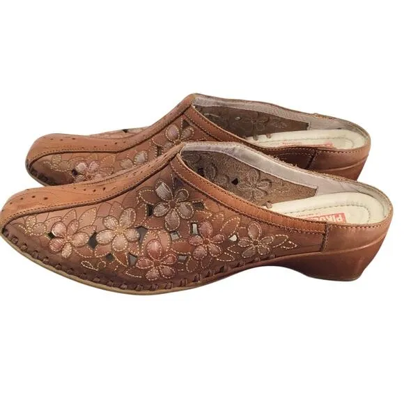 Pikolinos Shoes Womens Sz 6 Leather Mules Slides Heal Brown Embossed Flowers