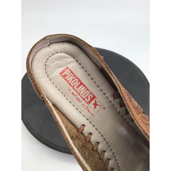 Pikolinos Shoes Womens Sz 6 Leather Mules Slides Heal Brown Embossed Flowers
