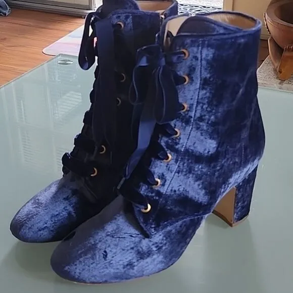Polly Plume Crushed Blue Velvet and Leather Boots