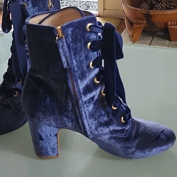 Polly Plume Crushed Blue Velvet and Leather Boots