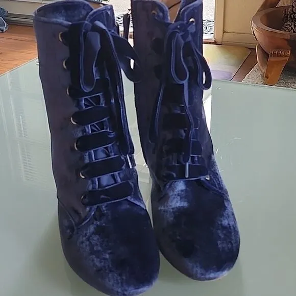 Polly Plume Crushed Blue Velvet and Leather Boots