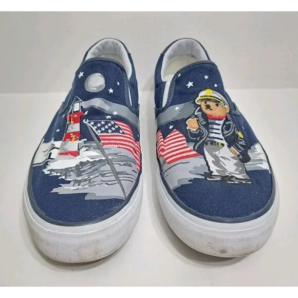 Polo Ralph Lauren Thompson P Men's 11 Bear Lighthouse Flag Slip On Canvas Shoes