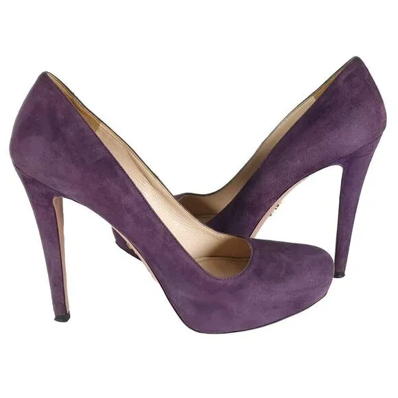 PRADA Women’s EU 38 US7-7,5 Purple Suede Leather Pump Heels Shoes Made In Italy