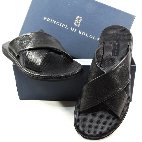 PRINCIPE DI BOLOGNA 🇮🇹 MEN'S BLACK SOFT LEATHER COMFORT SUMMER FLAT SANDALS