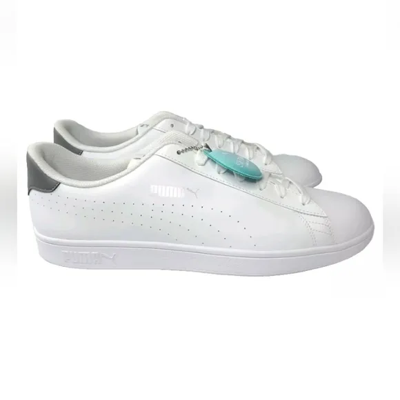 PUMA Smash v2 Leather Perforated White~Silver Men's Size 14 Shoes