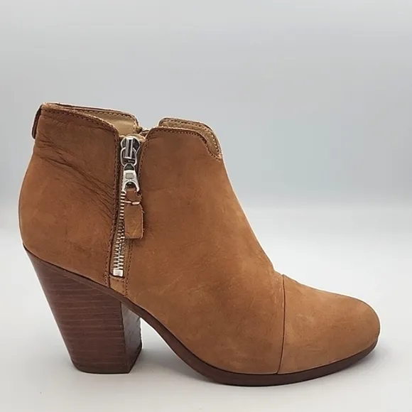 RAG &amp; BONE Camel Nubuck Suede Double Zippered Ankle Boots w/Western Style Heel