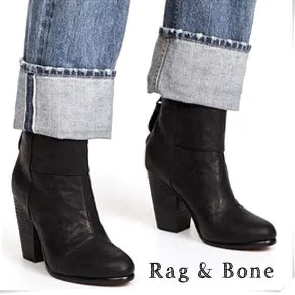 Rag and Bone black leather Zip heeled Booties ankle boot size 40 / 10