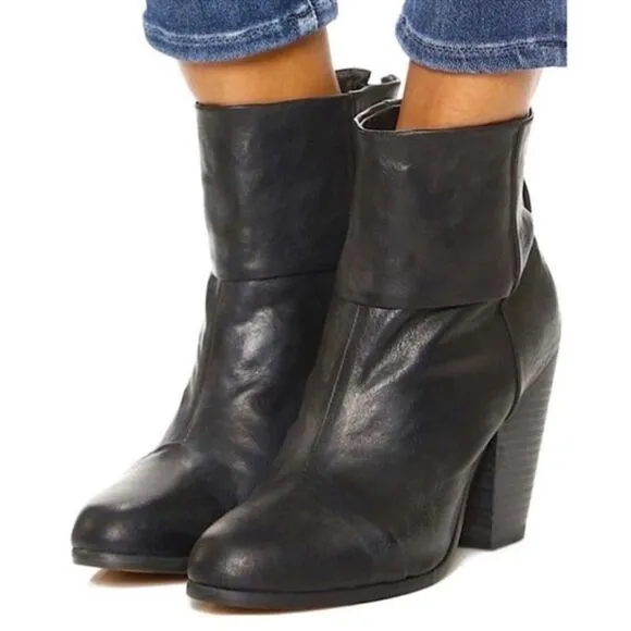 Rag and Bone black leather Zip heeled Booties ankle boot size 40 / 10